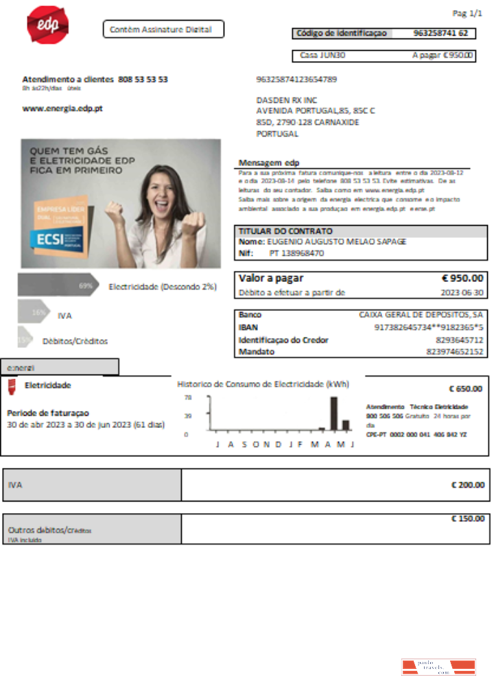 EDP Portugal electricity utility business bill,  scr PSD template